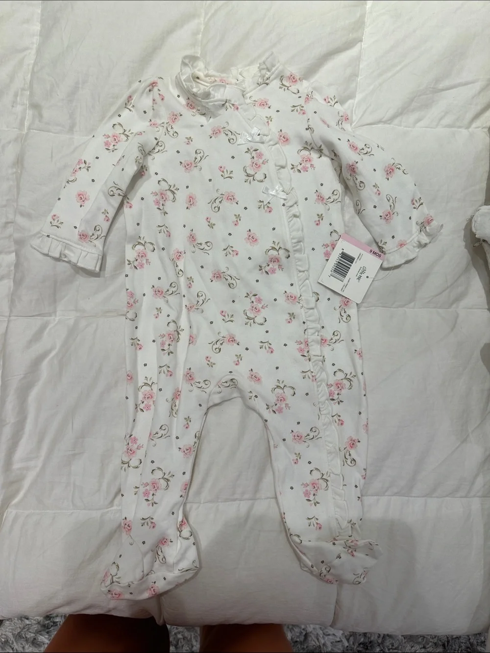 Little Me White Footed One-Piece with Pink Rose Print